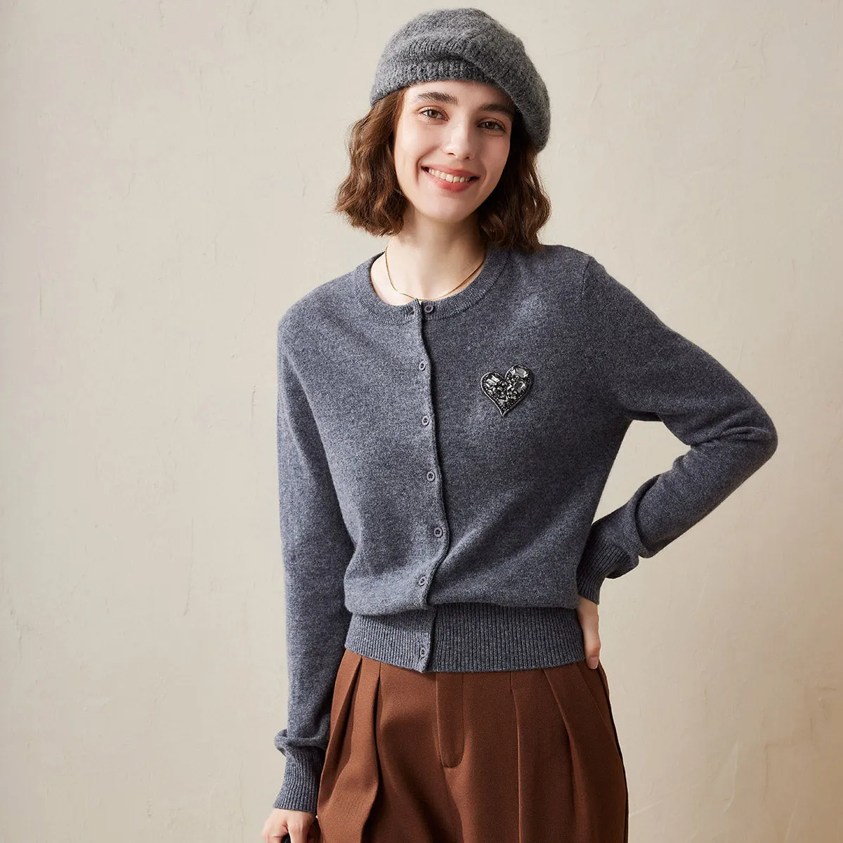 100% Cashmere Cardigan with Heart Patch