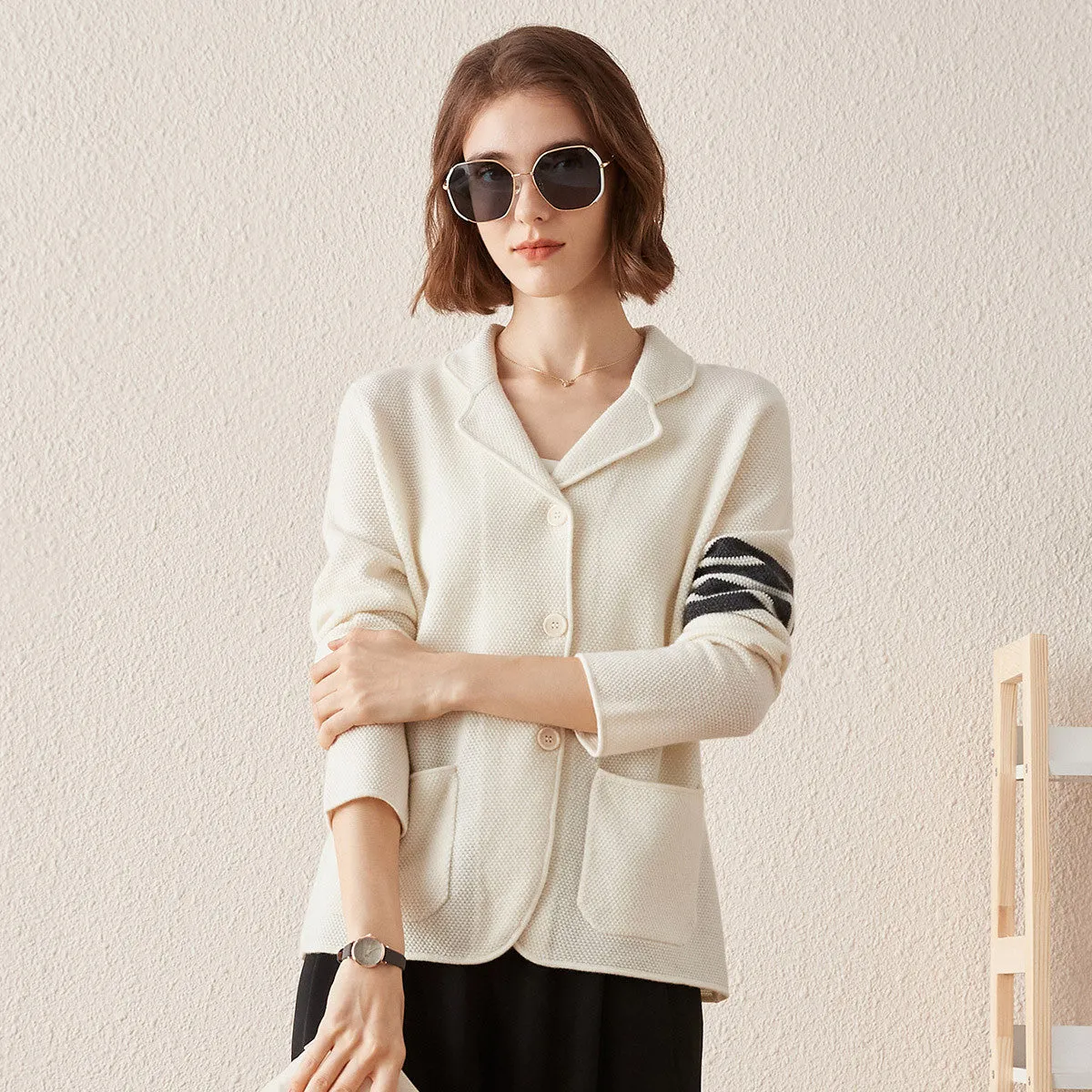 100% Cashmere Knitted Cardigan with Pockets and Striped Sleeve Detail