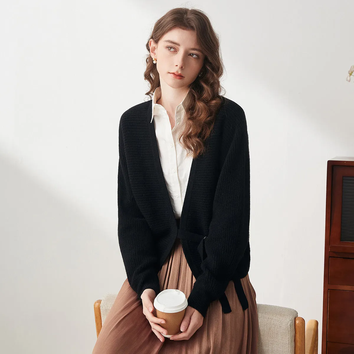 100% Wool V-Neck Batwing Sleeve Knitted Cardigan