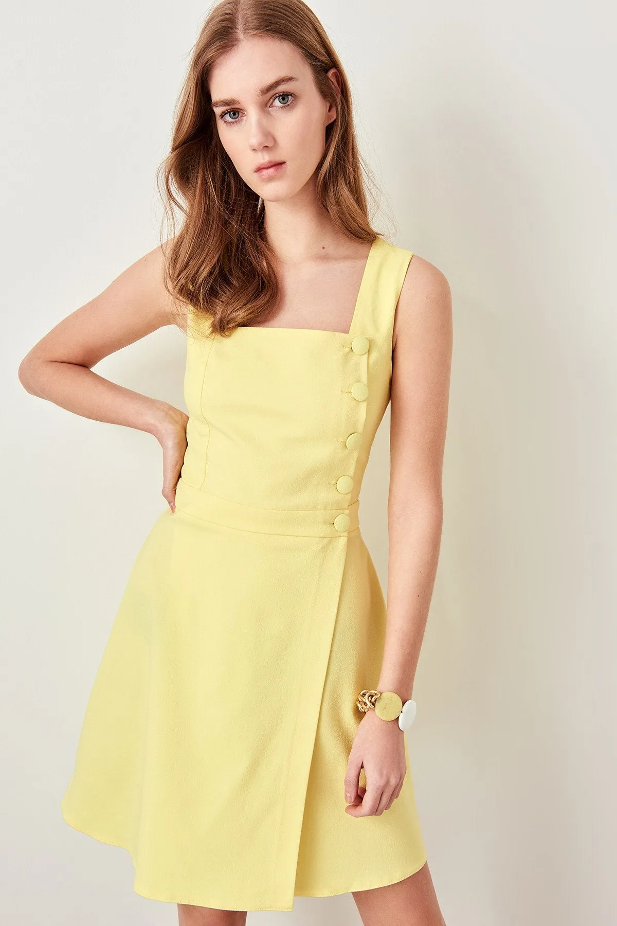 12816 Yellow Button Wrap Dress