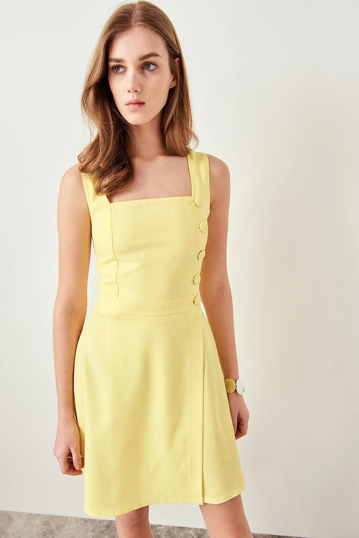 12816 Yellow Button Wrap Dress