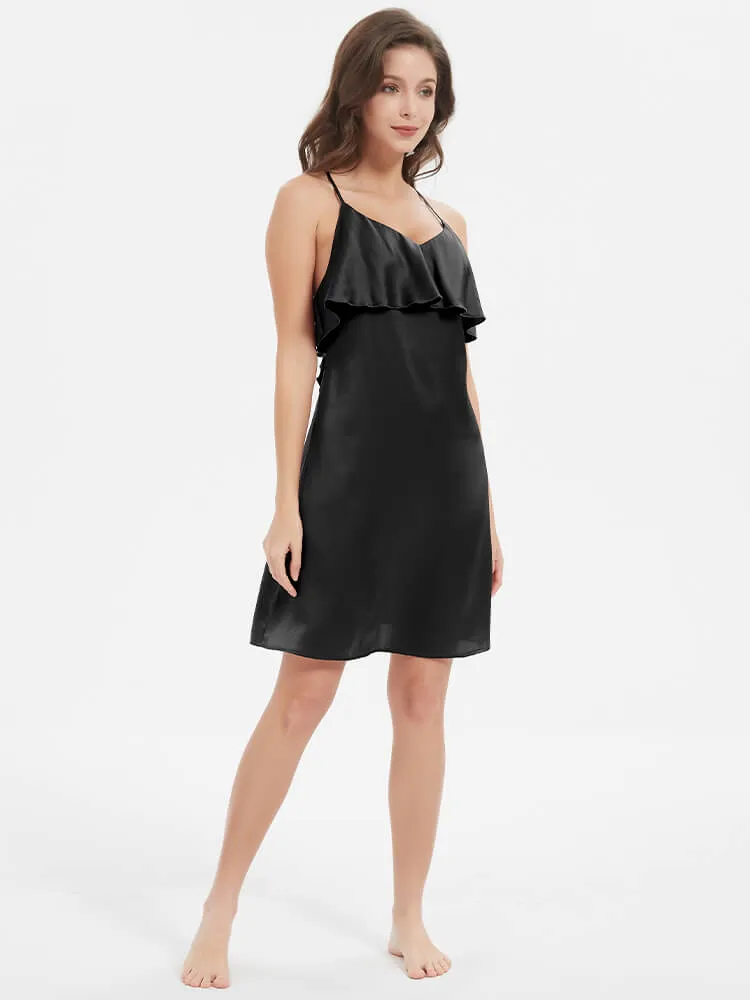 22 Momme Sexy Blackless Ruffled Silk Slip Nightgown