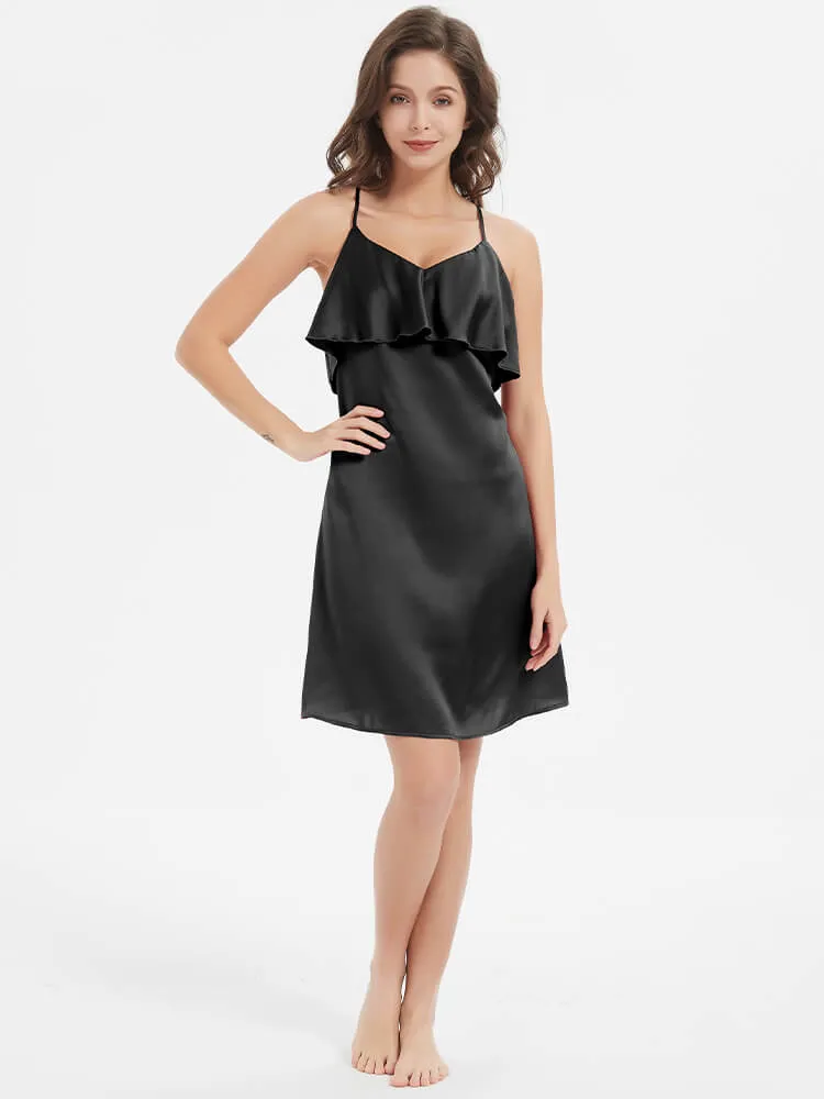 22 Momme Sexy Blackless Ruffled Silk Slip Nightgown