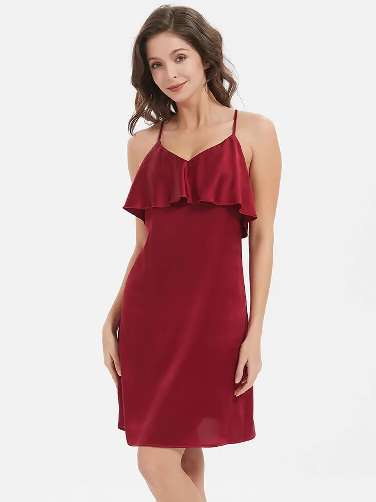 22 Momme Sexy Blackless Ruffled Silk Slip Nightgown