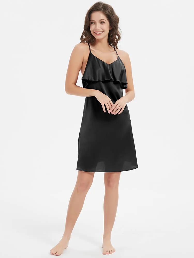 22 Momme Sexy Blackless Ruffled Silk Slip Nightgown