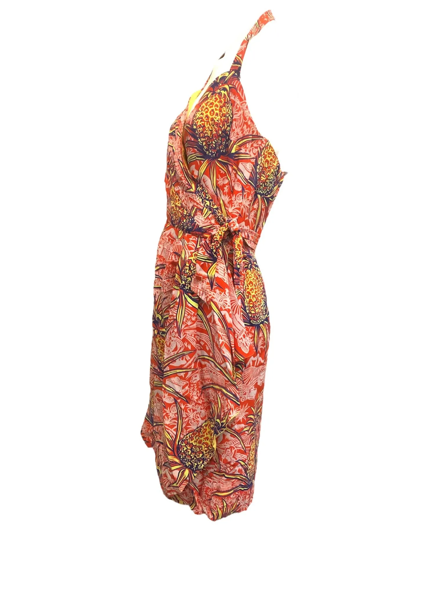 40s Rayon Red Hawaiian Pineapple Print Wrap Dress