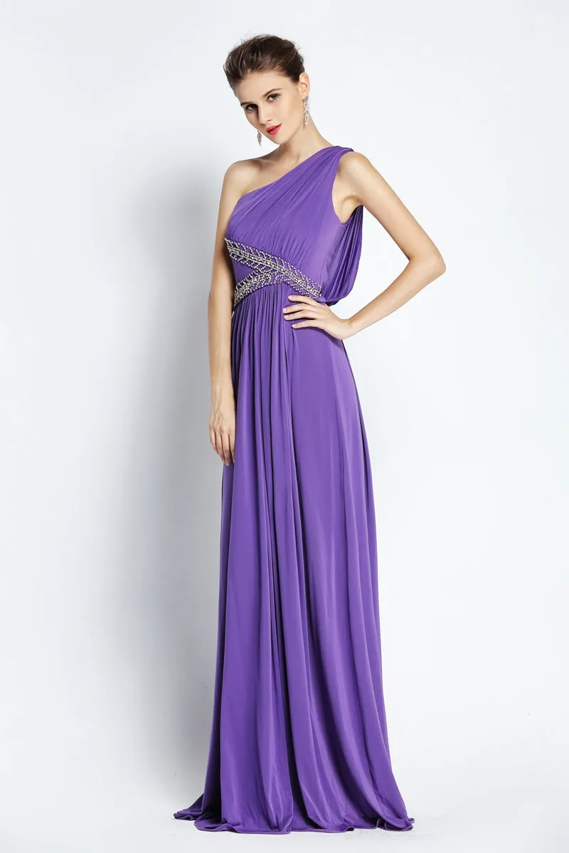 A-Line Floor-length One-shoulder Chiffon Sleeveless Prom Dress with Beading and Ruching-334091