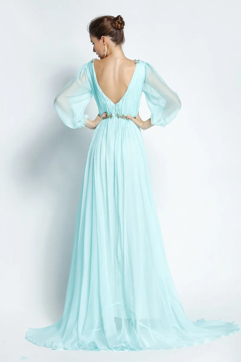 A-Line Floor-length Sweep Brush Train Bateau Chiffon Long Sleeve Prom Dress with Beading and Pleats-334100