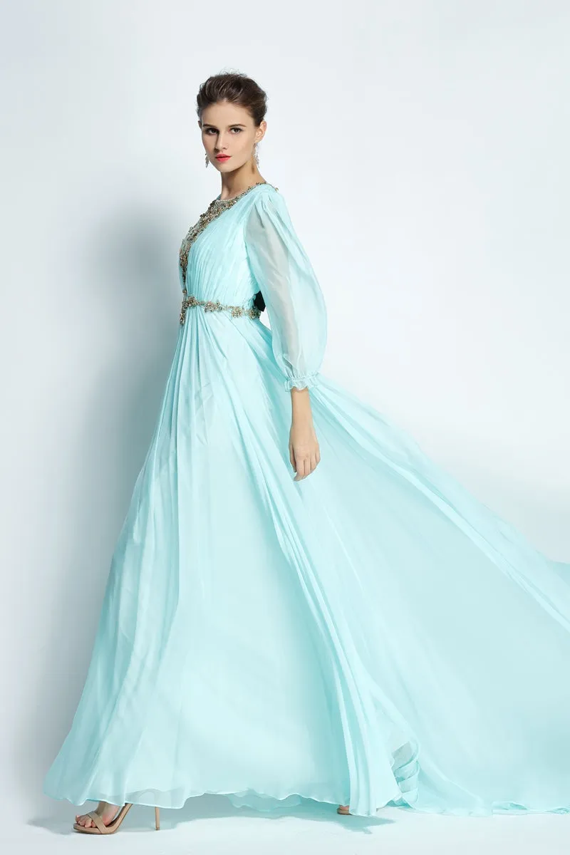 A-Line Floor-length Sweep Brush Train Bateau Chiffon Long Sleeve Prom Dress with Beading and Pleats-334100