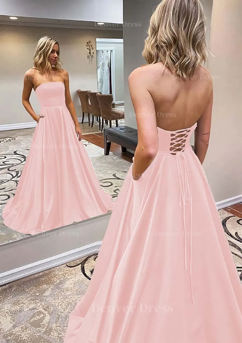 A-line Scalloped Neck Sweep Train Satin Prom Dress With Pockets