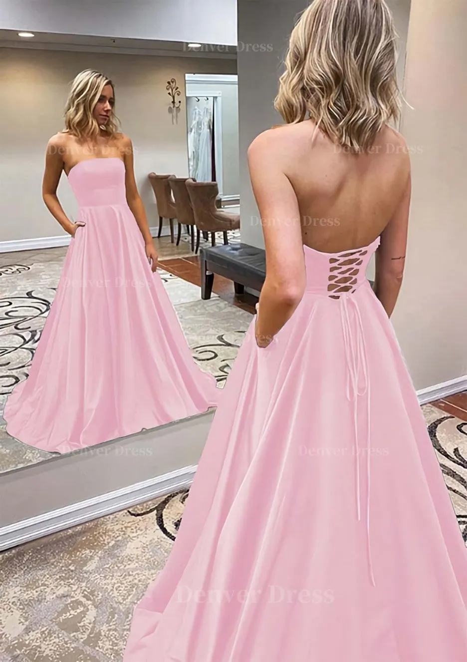 A-line Scalloped Neck Sweep Train Satin Prom Dress With Pockets