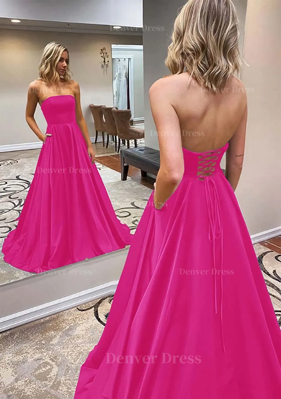 A-line Scalloped Neck Sweep Train Satin Prom Dress With Pockets