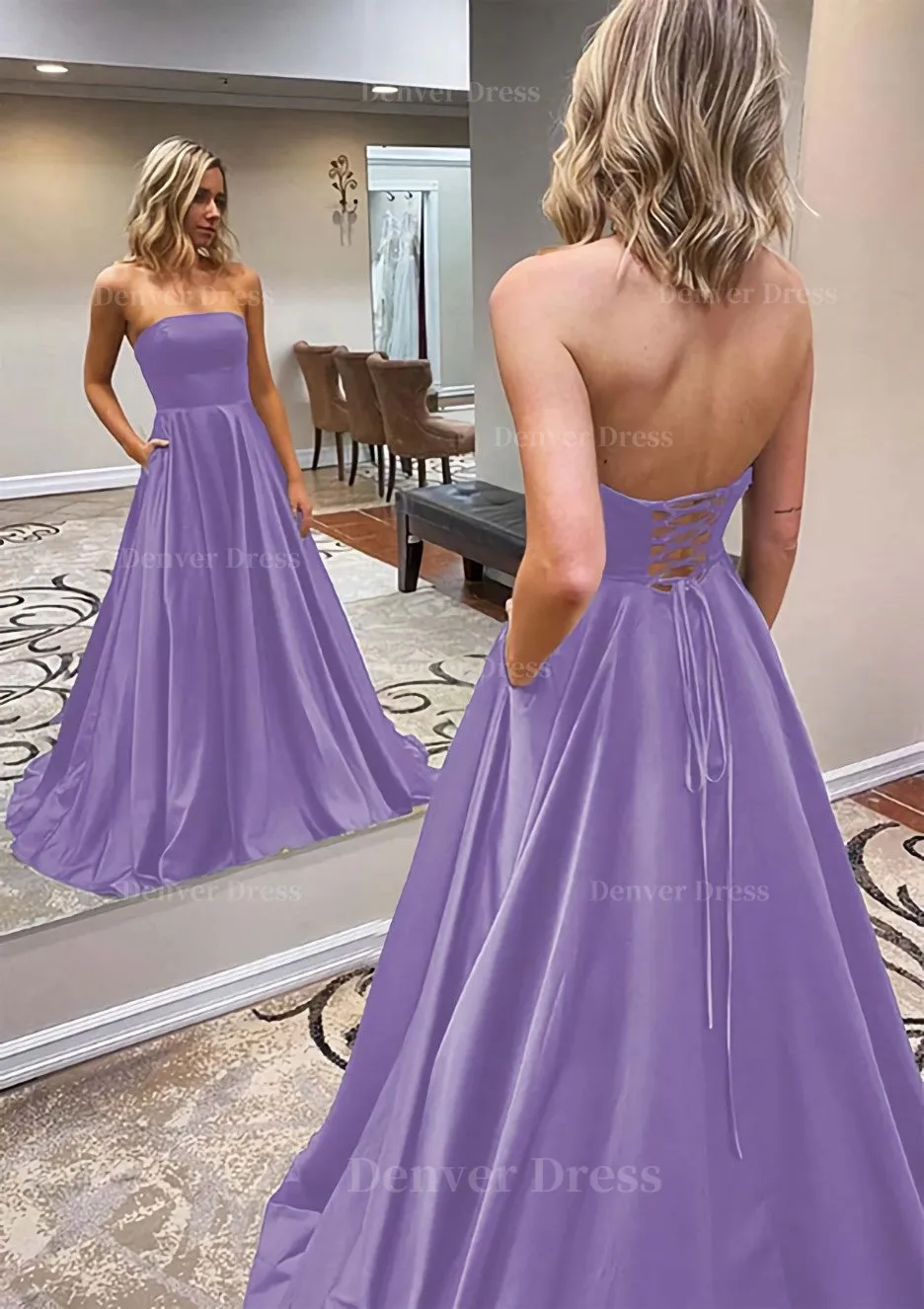 A-line Scalloped Neck Sweep Train Satin Prom Dress With Pockets