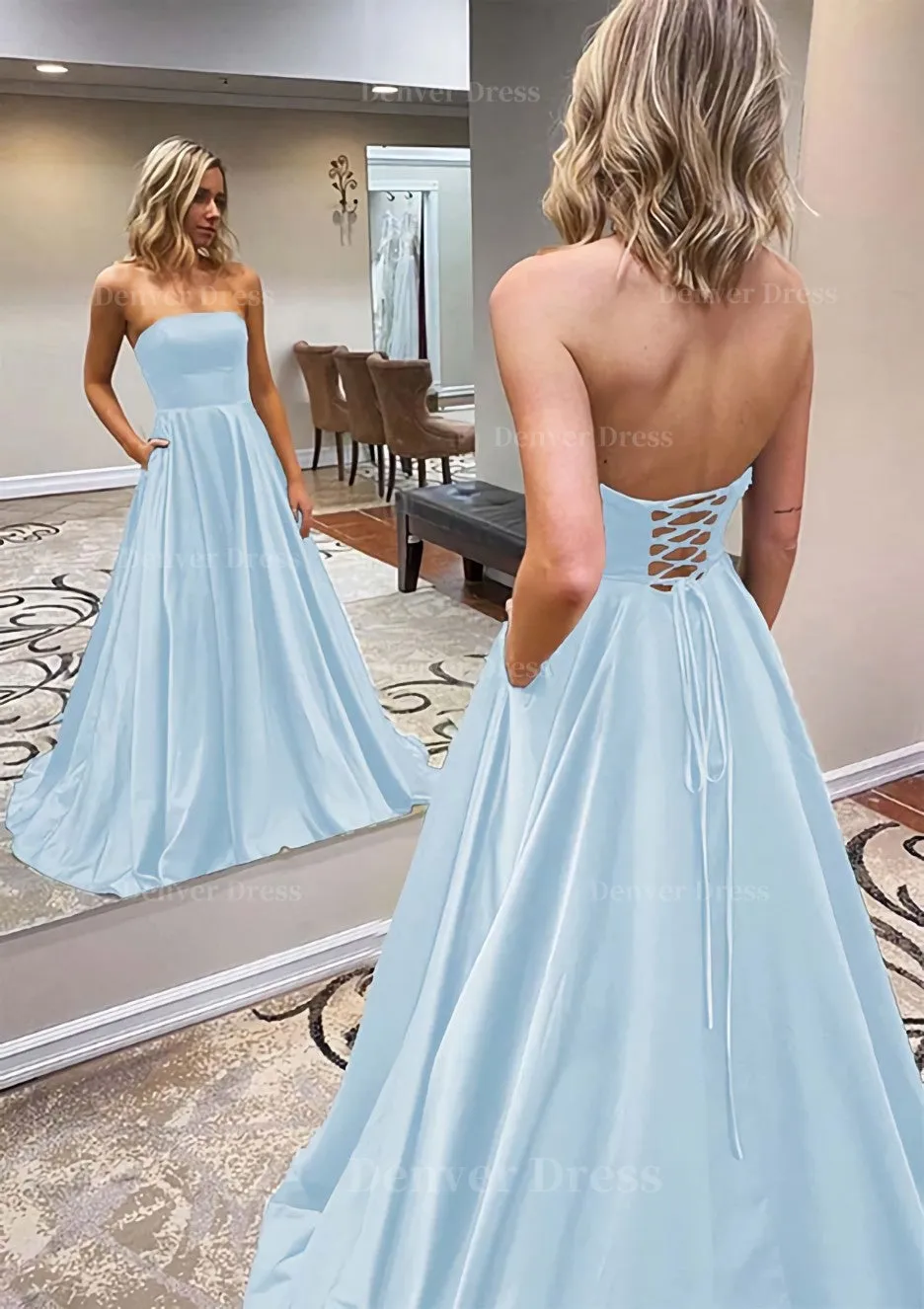 A-line Scalloped Neck Sweep Train Satin Prom Dress With Pockets