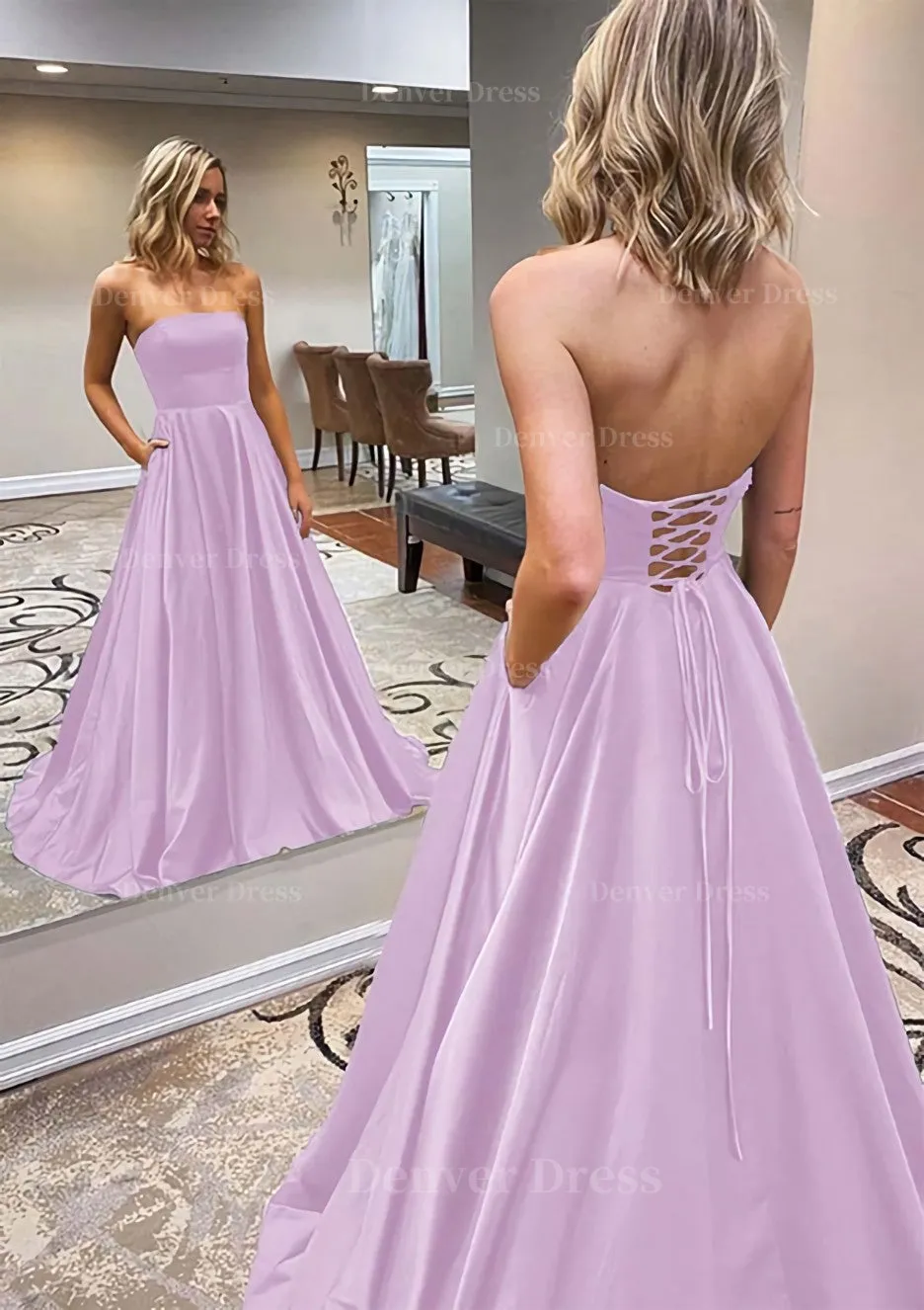 A-line Scalloped Neck Sweep Train Satin Prom Dress With Pockets