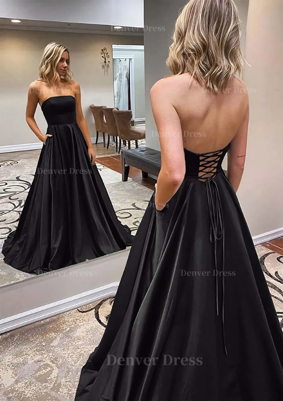 A-line Scalloped Neck Sweep Train Satin Prom Dress With Pockets