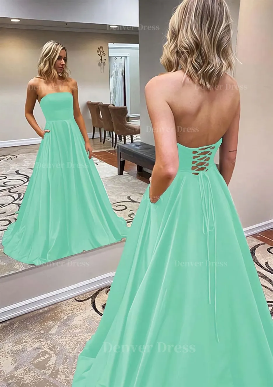 A-line Scalloped Neck Sweep Train Satin Prom Dress With Pockets