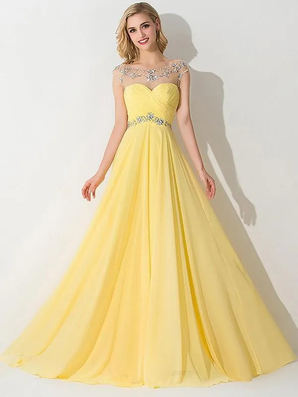 A-line Sleeveless Bateau Chiffon Ruched Sweep Train Dresses-317519