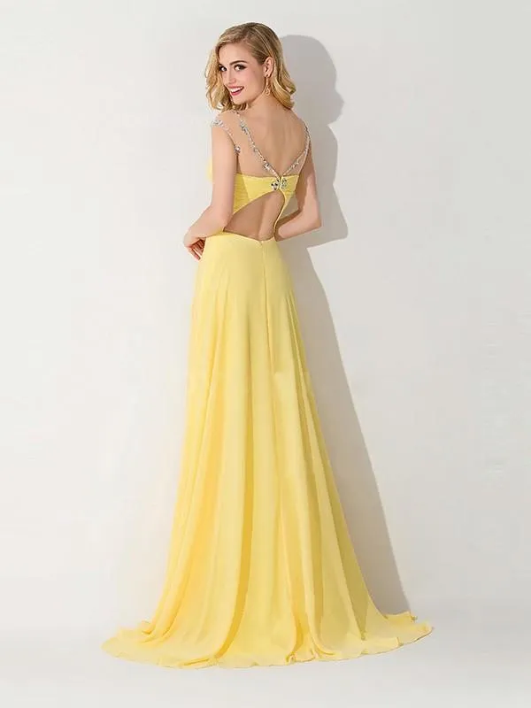 A-line Sleeveless Bateau Chiffon Ruched Sweep Train Dresses-317519