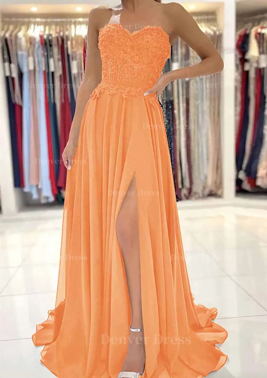 A-line Sweetheart Sweep Train Chiffon Prom Dress With Lace Beading Split