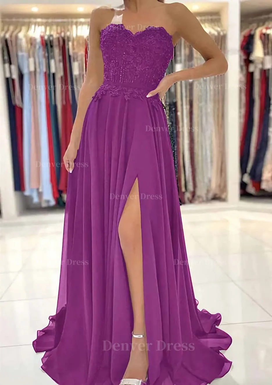 A-line Sweetheart Sweep Train Chiffon Prom Dress With Lace Beading Split