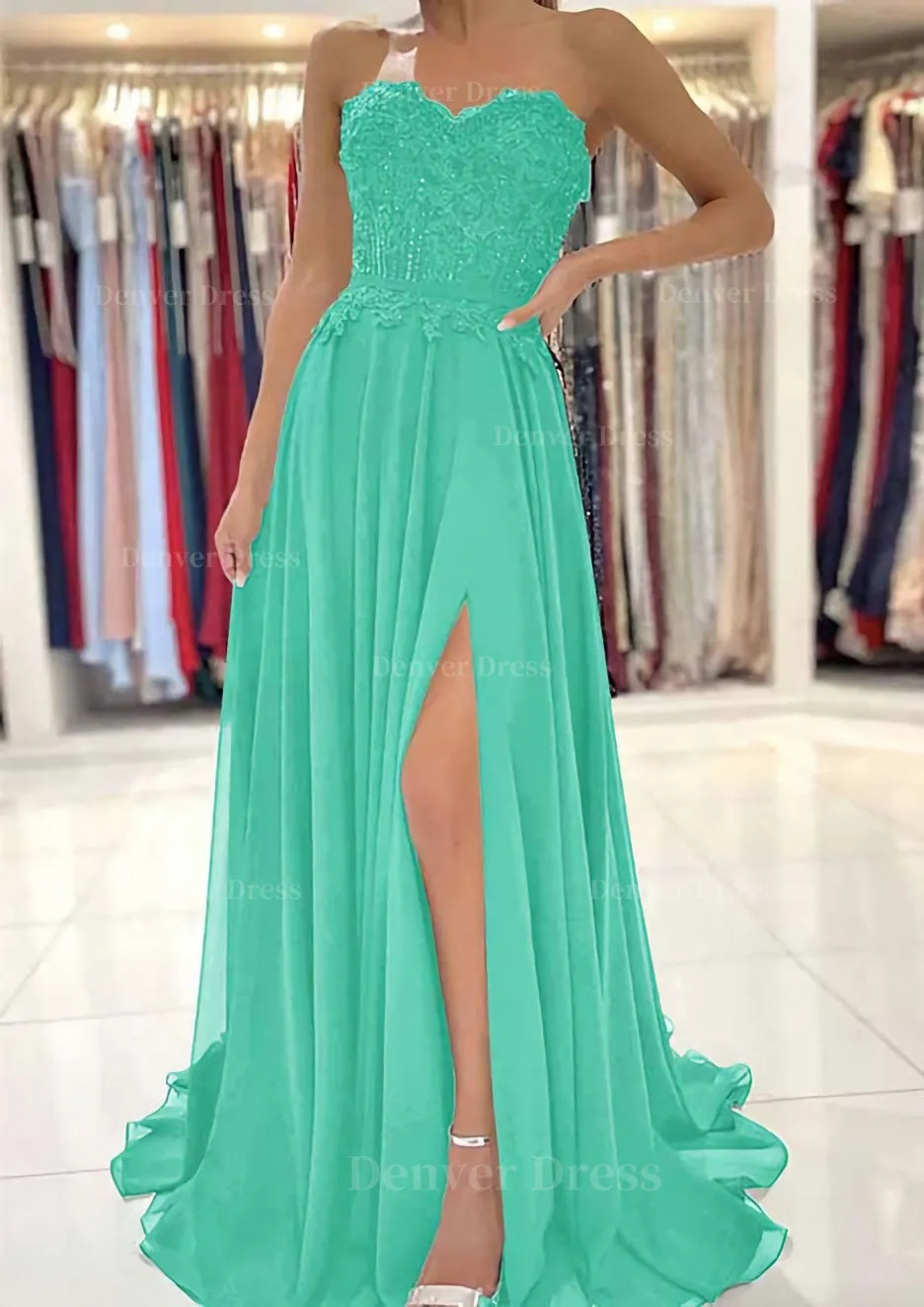 A-line Sweetheart Sweep Train Chiffon Prom Dress With Lace Beading Split