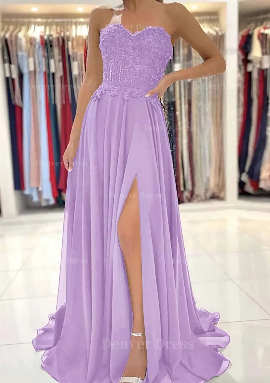 A-line Sweetheart Sweep Train Chiffon Prom Dress With Lace Beading Split