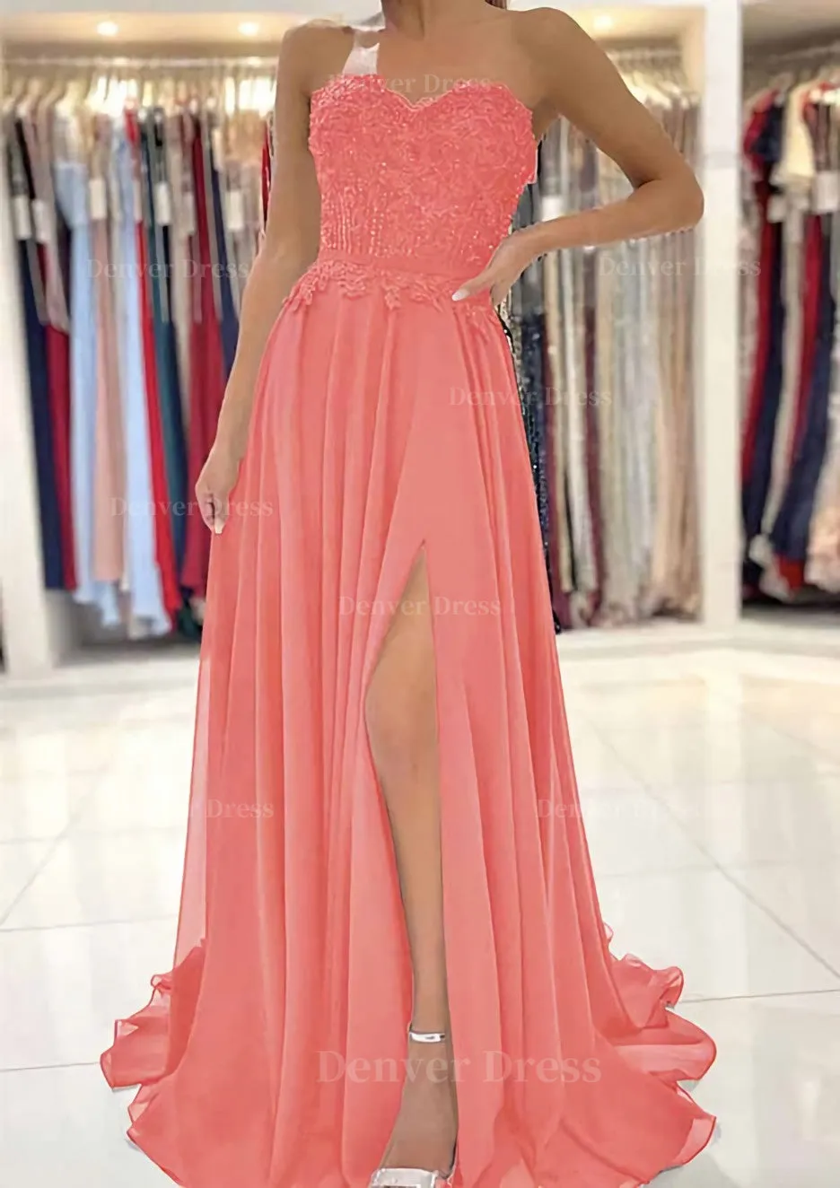 A-line Sweetheart Sweep Train Chiffon Prom Dress With Lace Beading Split