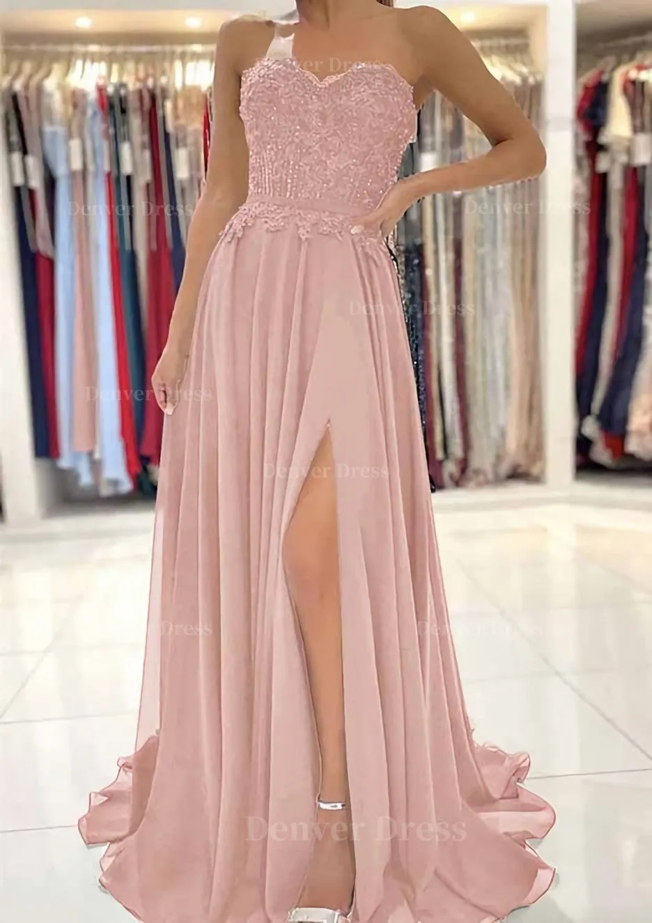 A-line Sweetheart Sweep Train Chiffon Prom Dress With Lace Beading Split