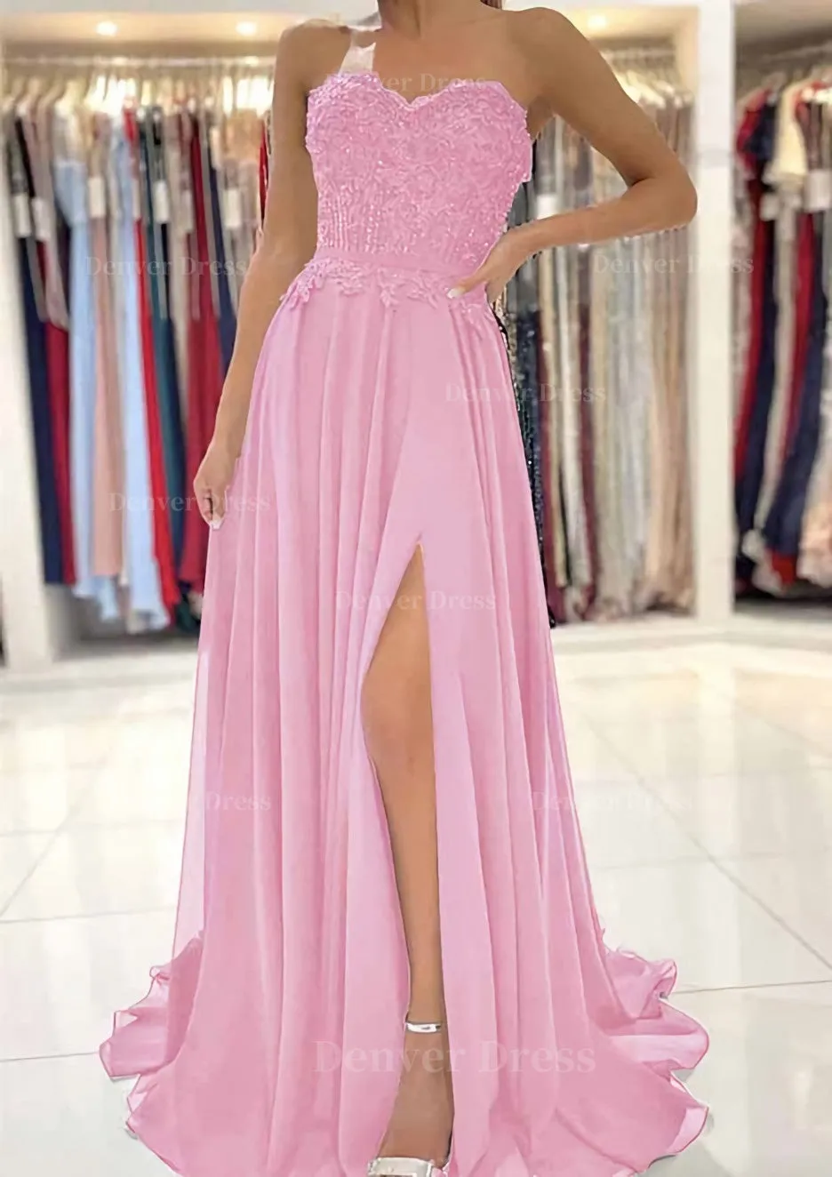 A-line Sweetheart Sweep Train Chiffon Prom Dress With Lace Beading Split