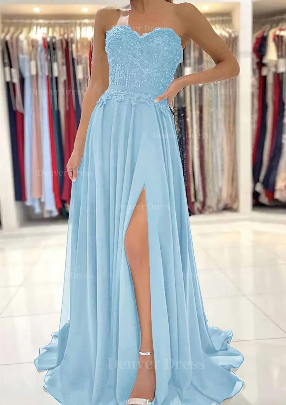 A-line Sweetheart Sweep Train Chiffon Prom Dress With Lace Beading Split