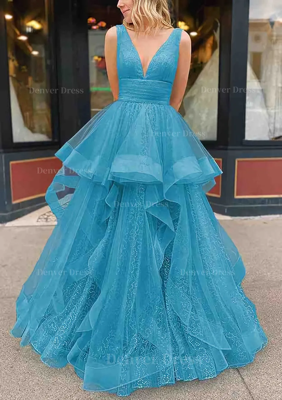 A-line V Neck Sleeveless Long/Floor-Length Tulle Glitter Prom Dress With Pleated