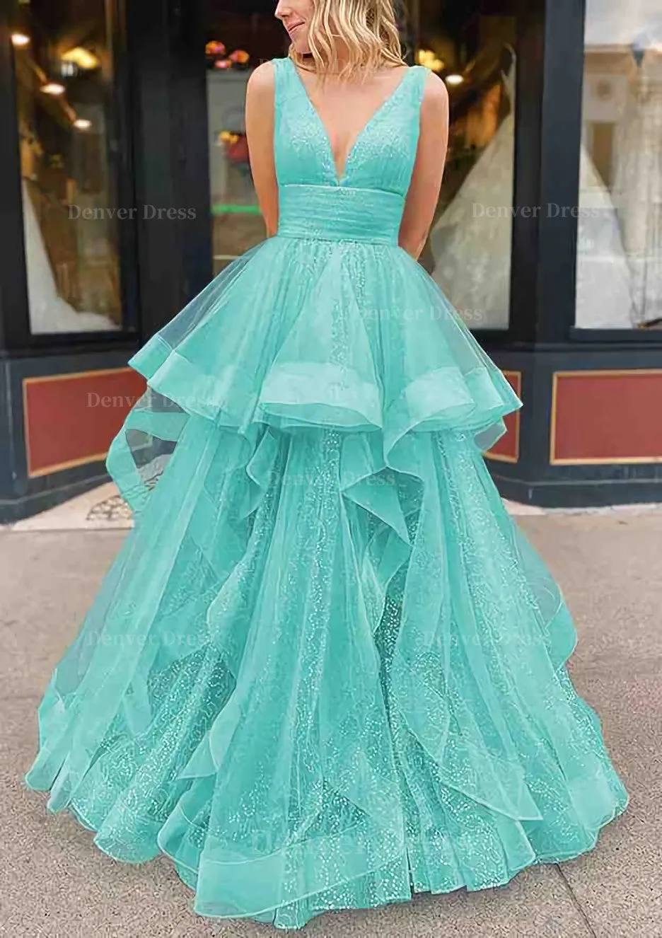 A-line V Neck Sleeveless Long/Floor-Length Tulle Glitter Prom Dress With Pleated