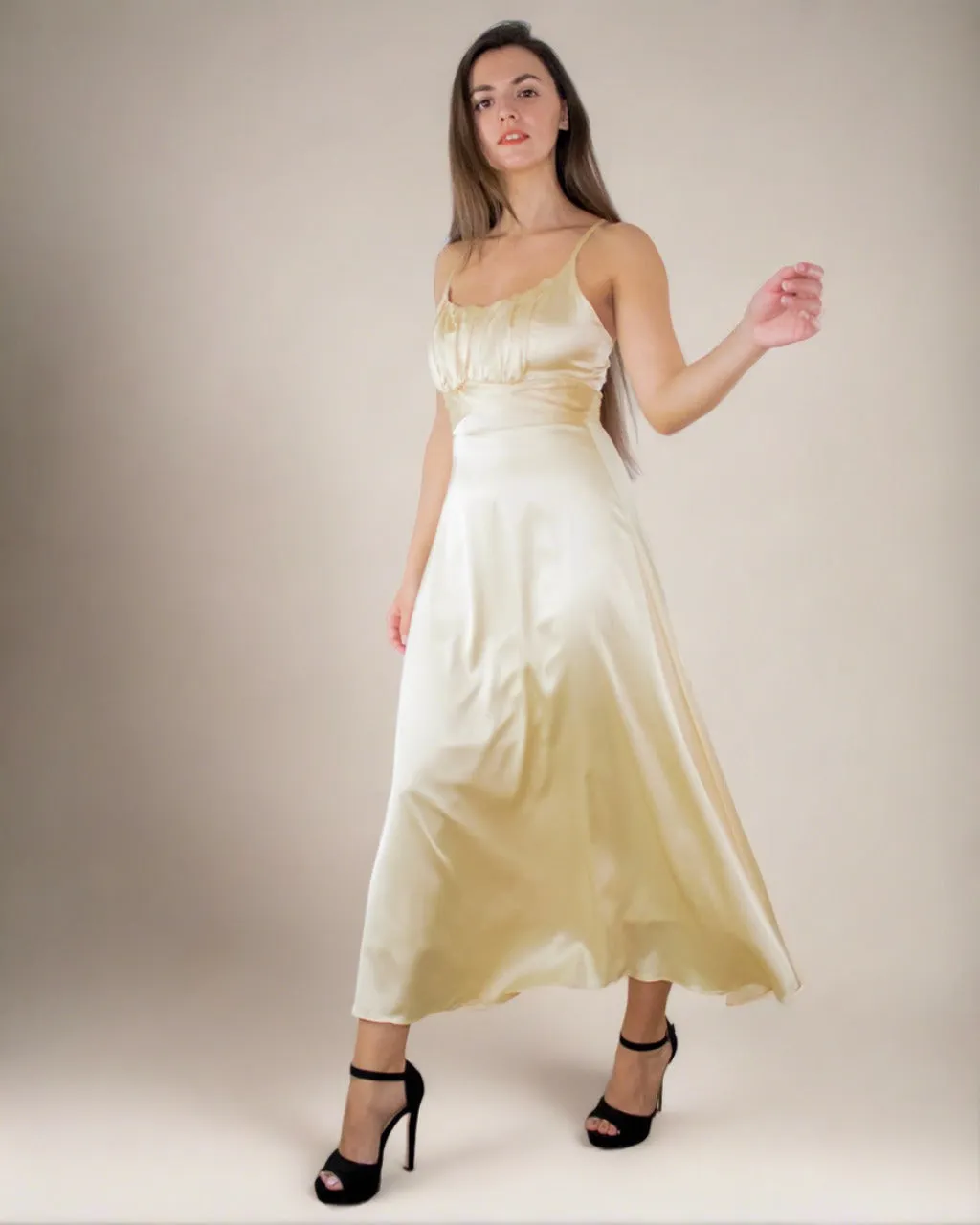 Alaw Silky Gold Champagne Satin Dress - Satin Midi Slip Dress