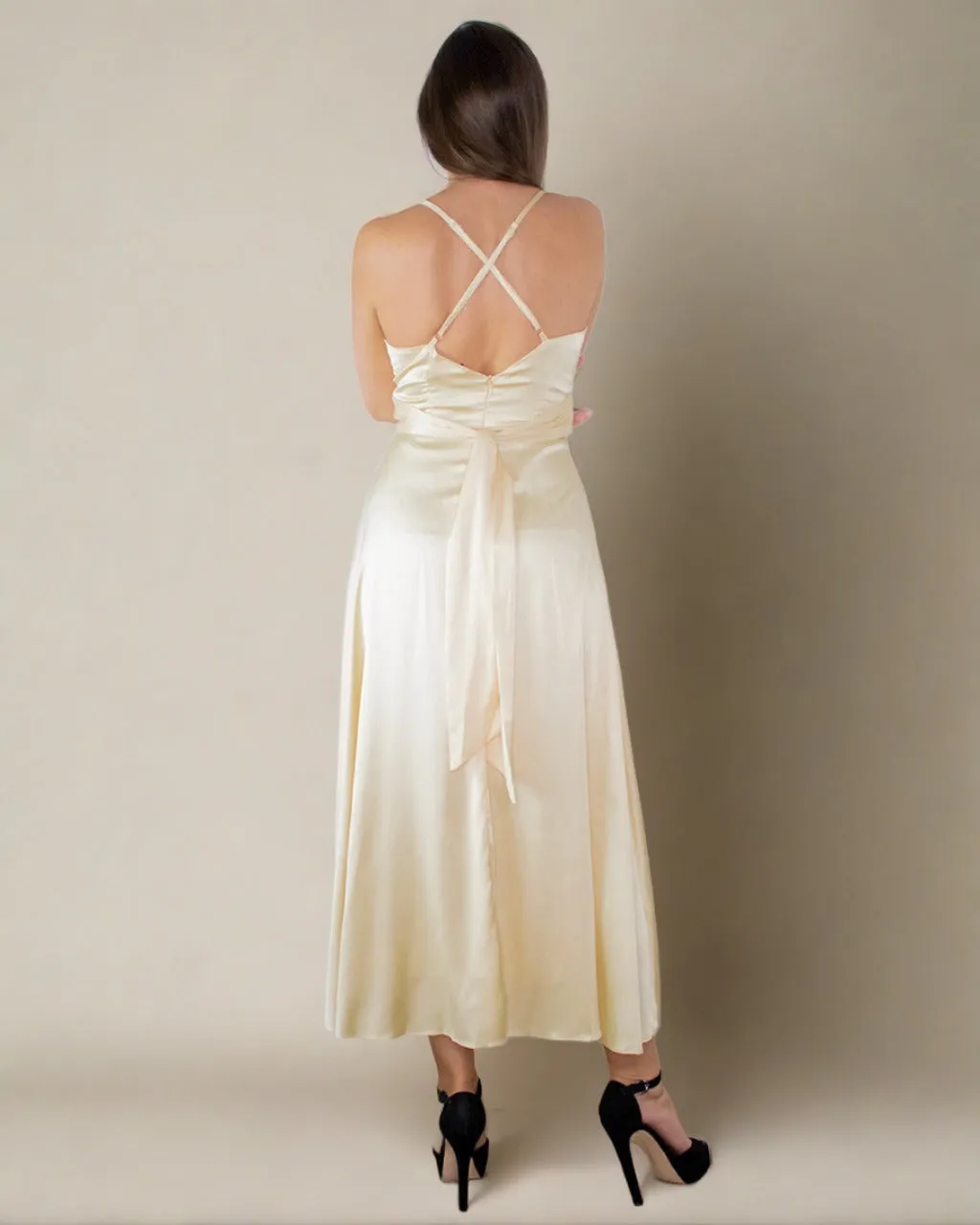 Alaw Silky Gold Champagne Satin Dress - Satin Midi Slip Dress