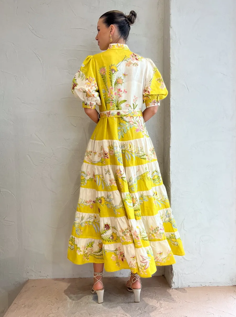 Alemais Ira Tiered Midi Dress in Lemon/Cream