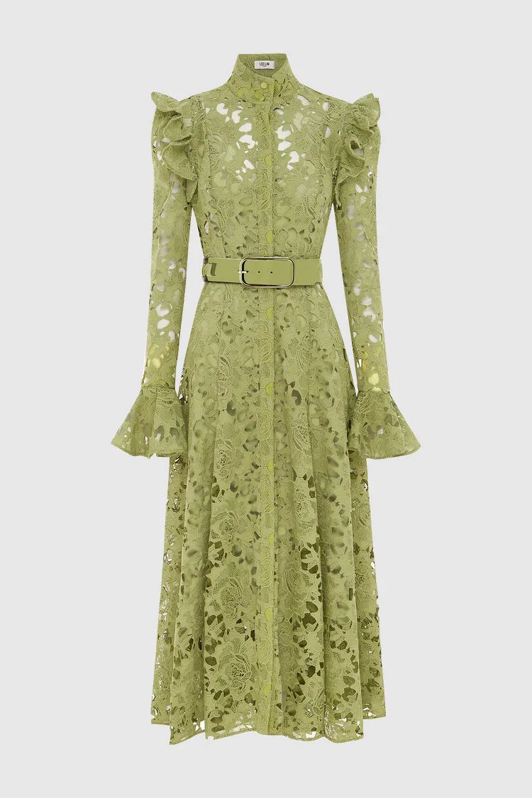 Aliyah Lace Butterfly Sleeve Midi Dress in Olive