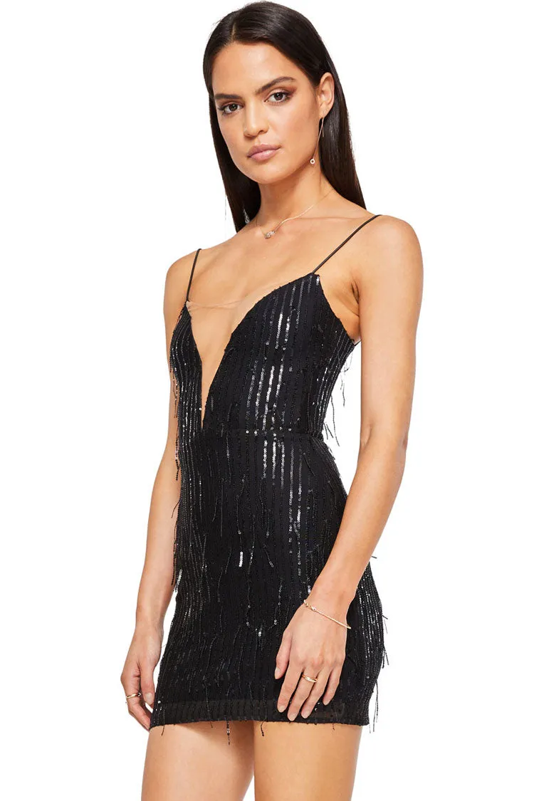 Amozae-hoco dresses -Sparkly Mesh Deep V Spaghetti Strap Sequin Fringe Mini Dress - Black