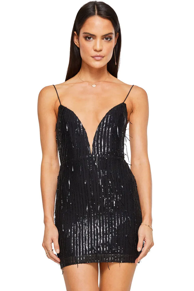 Amozae-hoco dresses -Sparkly Mesh Deep V Spaghetti Strap Sequin Fringe Mini Dress - Black