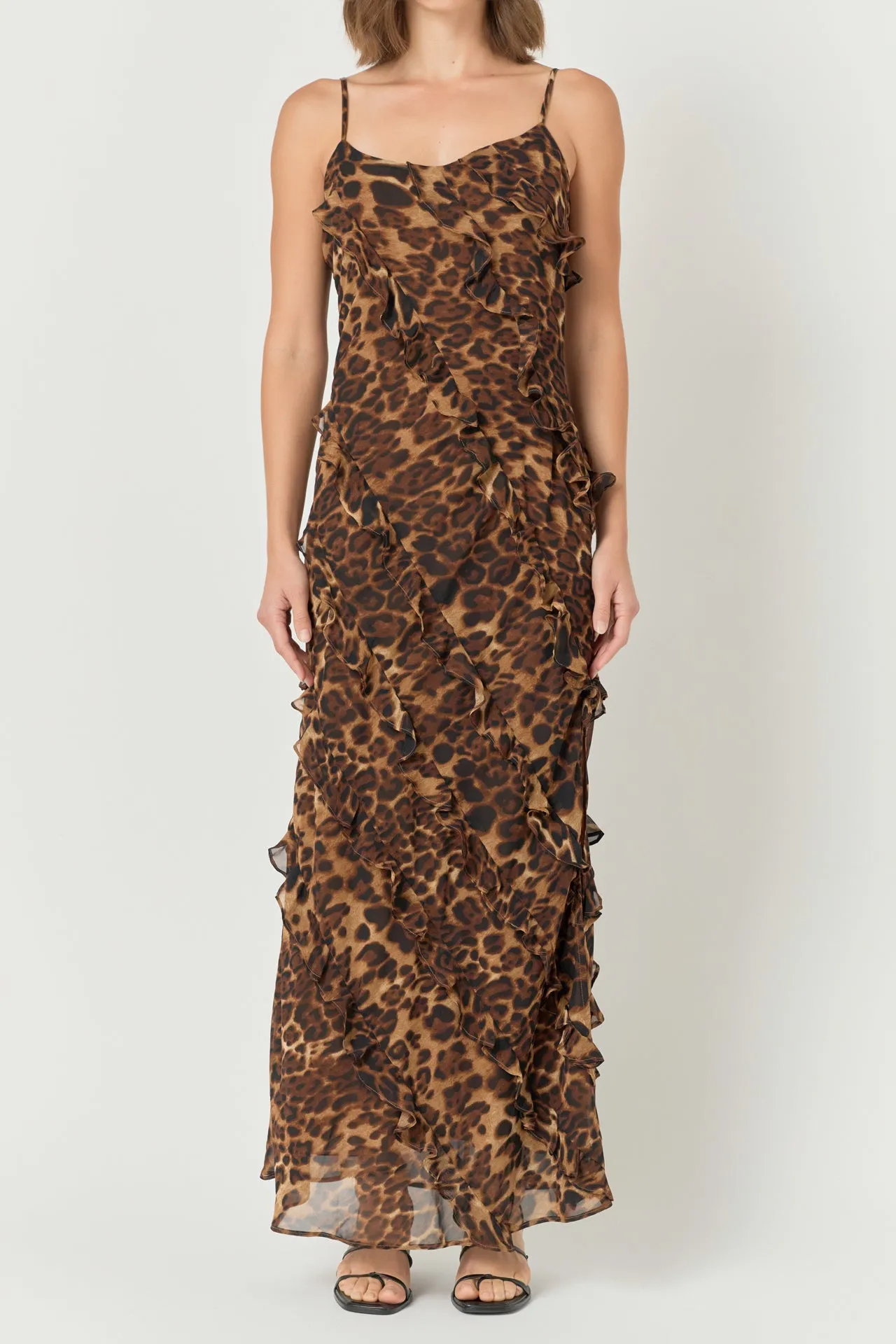 Animal Print Ruffled Slip Maxi Dress