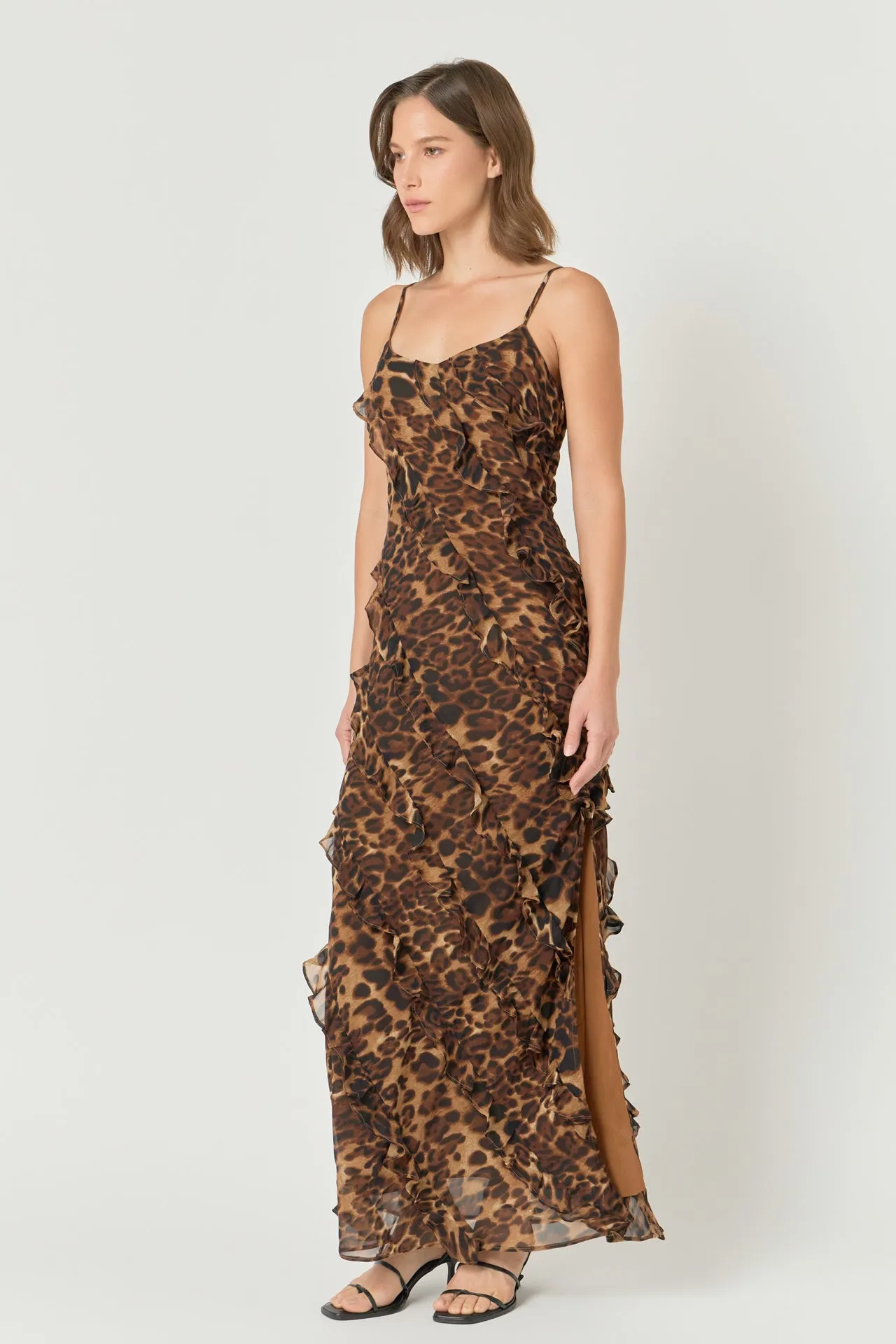 Animal Print Ruffled Slip Maxi Dress