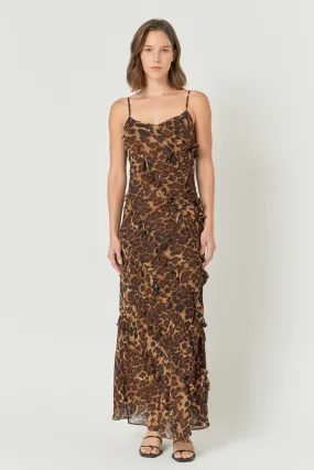 Animal Print Ruffled Slip Maxi Dress