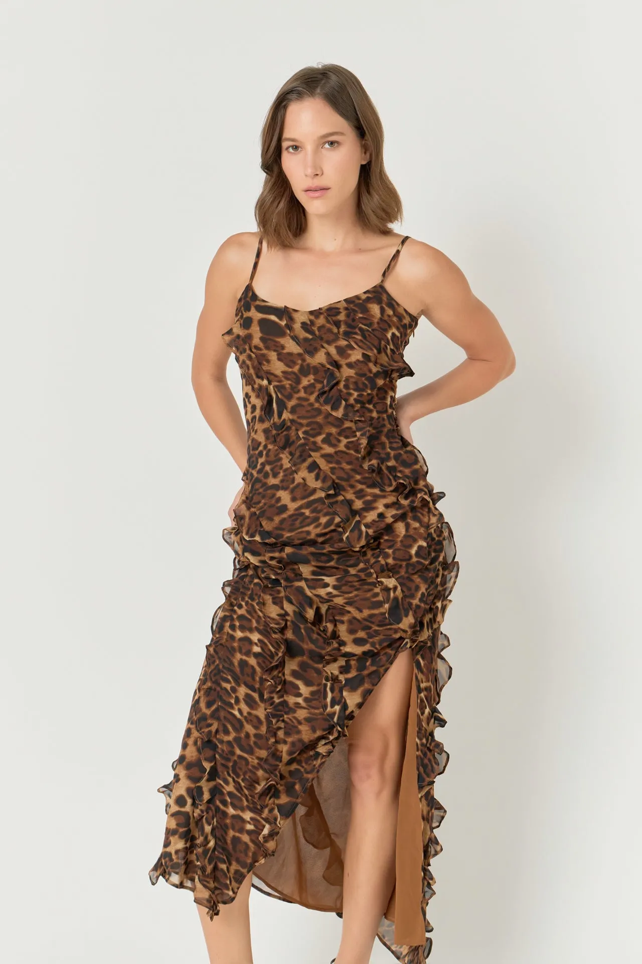 Animal Print Ruffled Slip Maxi Dress