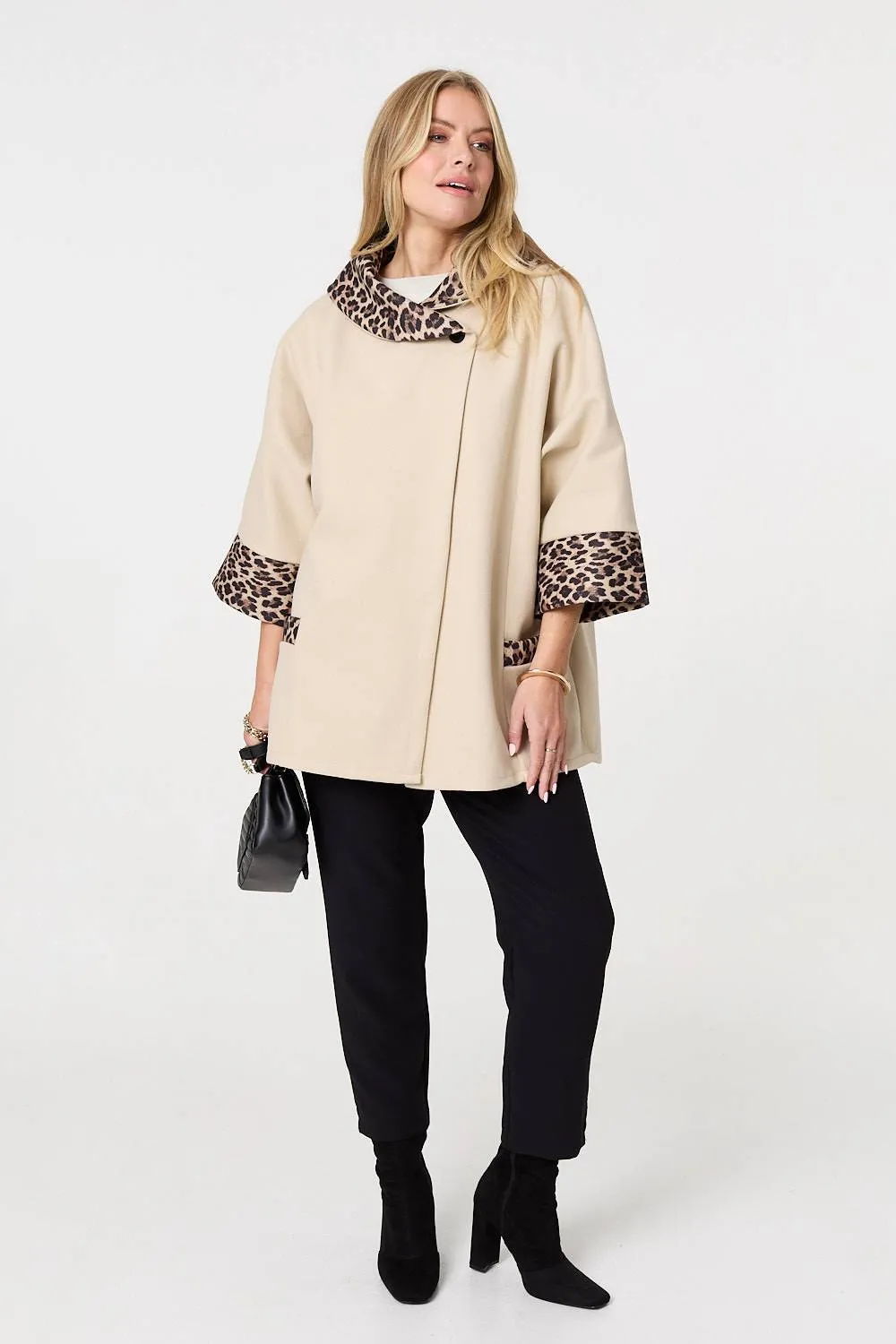 Animal Print Trim 3/4 Sleeve Cape Coat