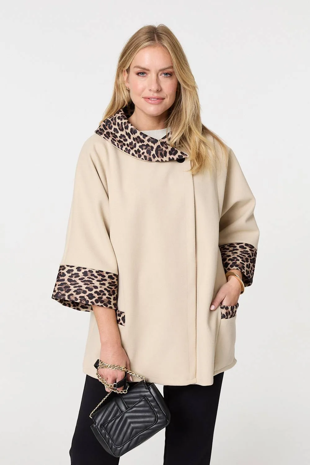 Animal Print Trim 3/4 Sleeve Cape Coat