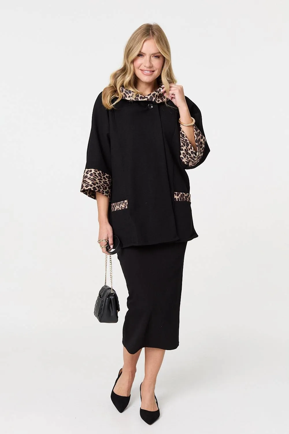 Animal Print Trim 3/4 Sleeve Cape Coat