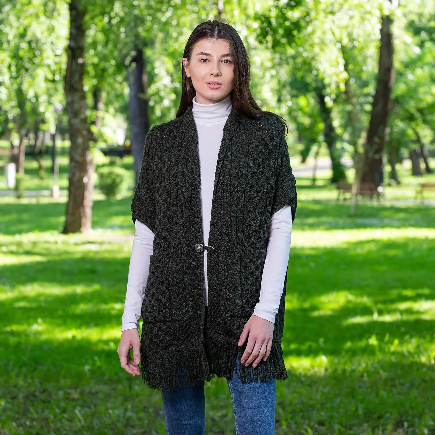 Aran Shawl Wrap Cardigan with Pockets