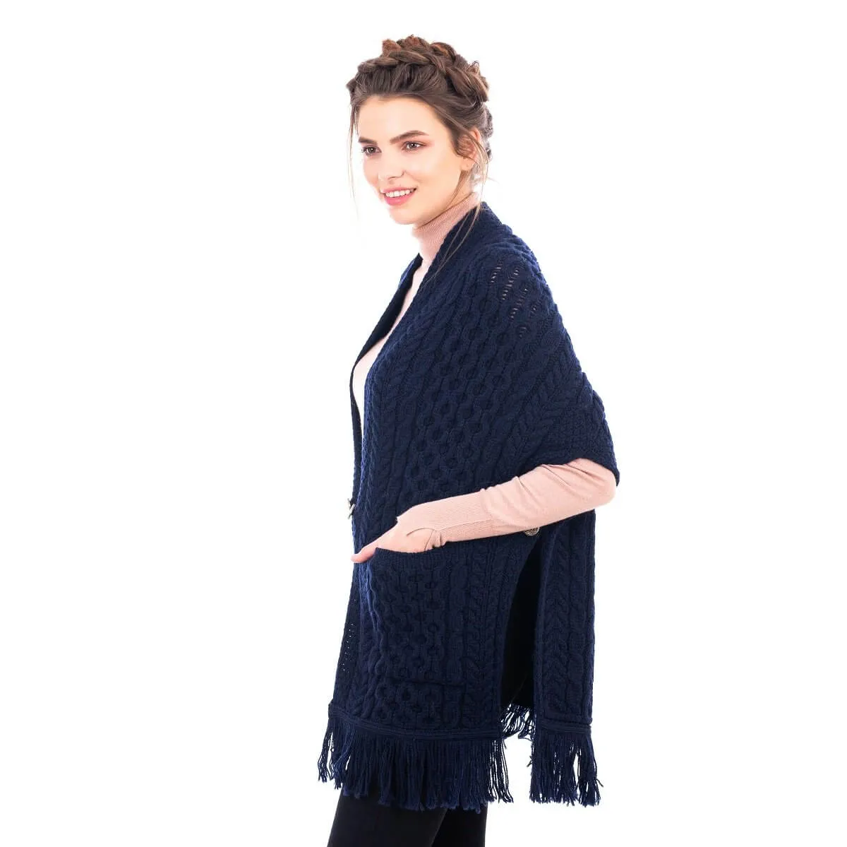 Aran Shawl Wrap Cardigan with Pockets