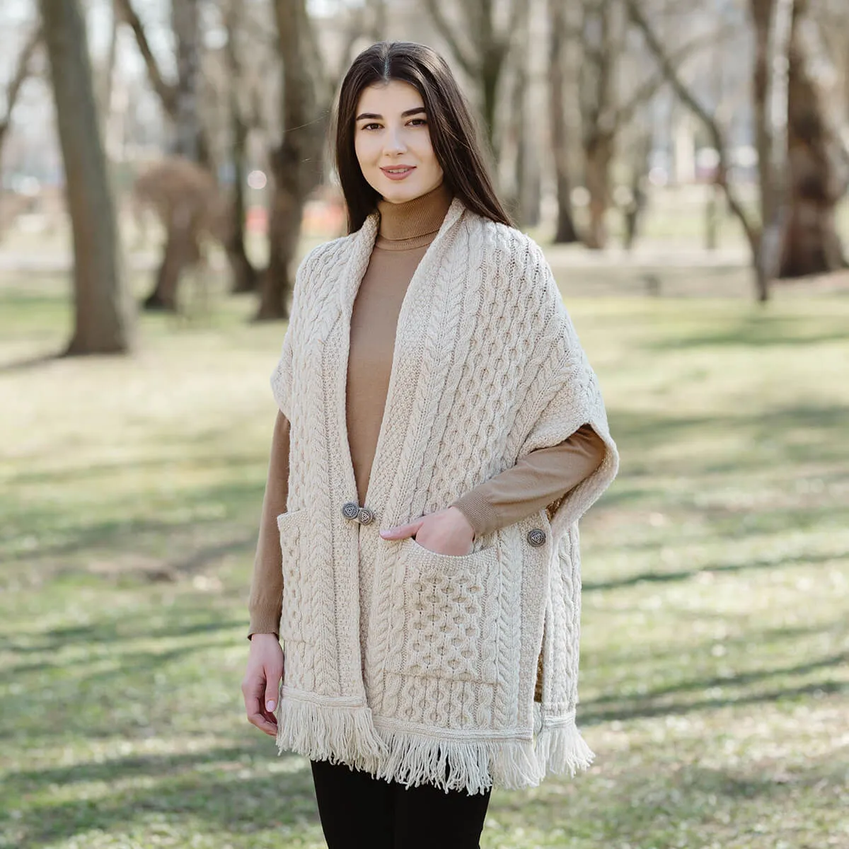 Aran Shawl Wrap Cardigan with Pockets