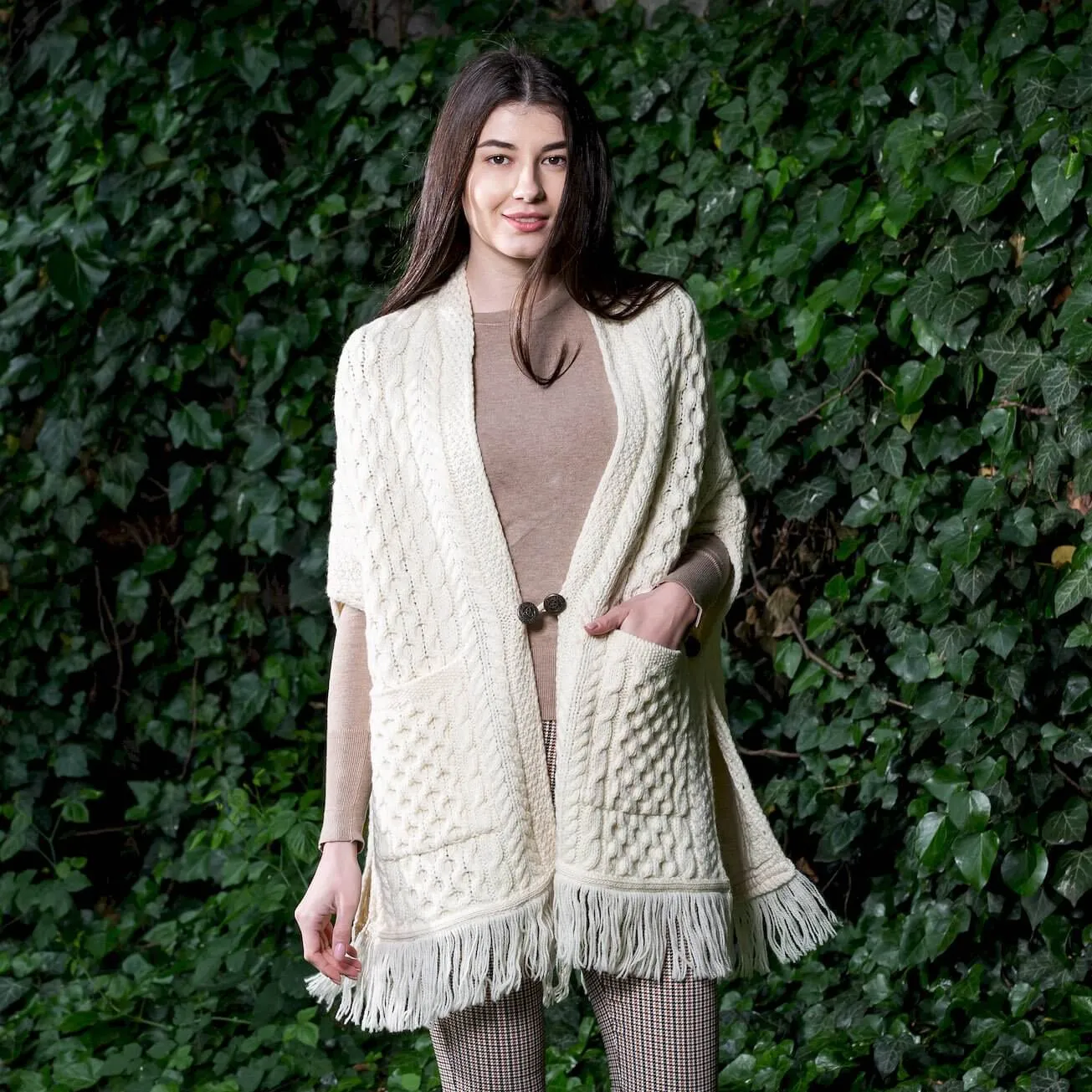 Aran Shawl Wrap Cardigan with Pockets